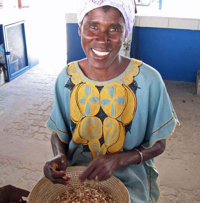 Woman Breaking Open Marula and extracting kernels